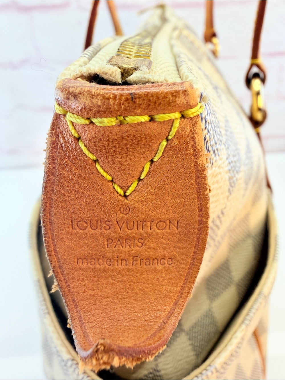 Luxury Checkered Canvas Tote with Tan Leather Straps - Picture 5 of 14